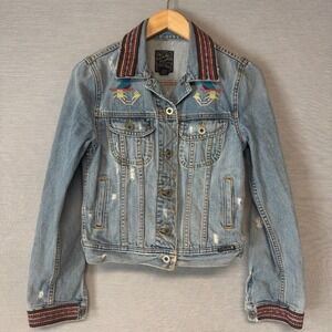 Lucky Brand Womens Denim Jacket Embroidered Aztec Birds Collar Cuffs Blue Size S